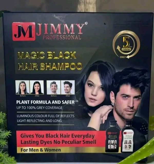Jimmy Magic Black Hair Shampoo  5-Minute Magic Black Hair Color  Jimmy Professional Plant Formula Hair Dye Shampoo  Official Branding Details: Brand: Jimmy Professional  Product Line: Magic Black Hair Shampoo  Key Promise: "5 mins Coloring Only" and "Up to 100% Grey Coverage."